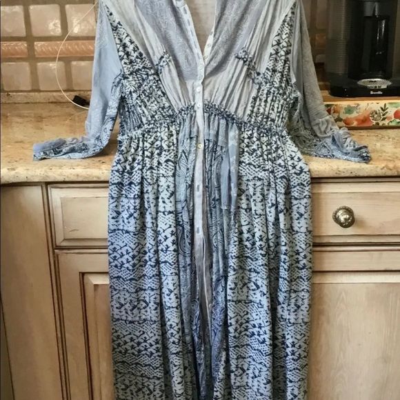 Free People Oh My Maxi Top Dress Duster Patchwork Piecing Indigo Button - Picture 6 of 6
